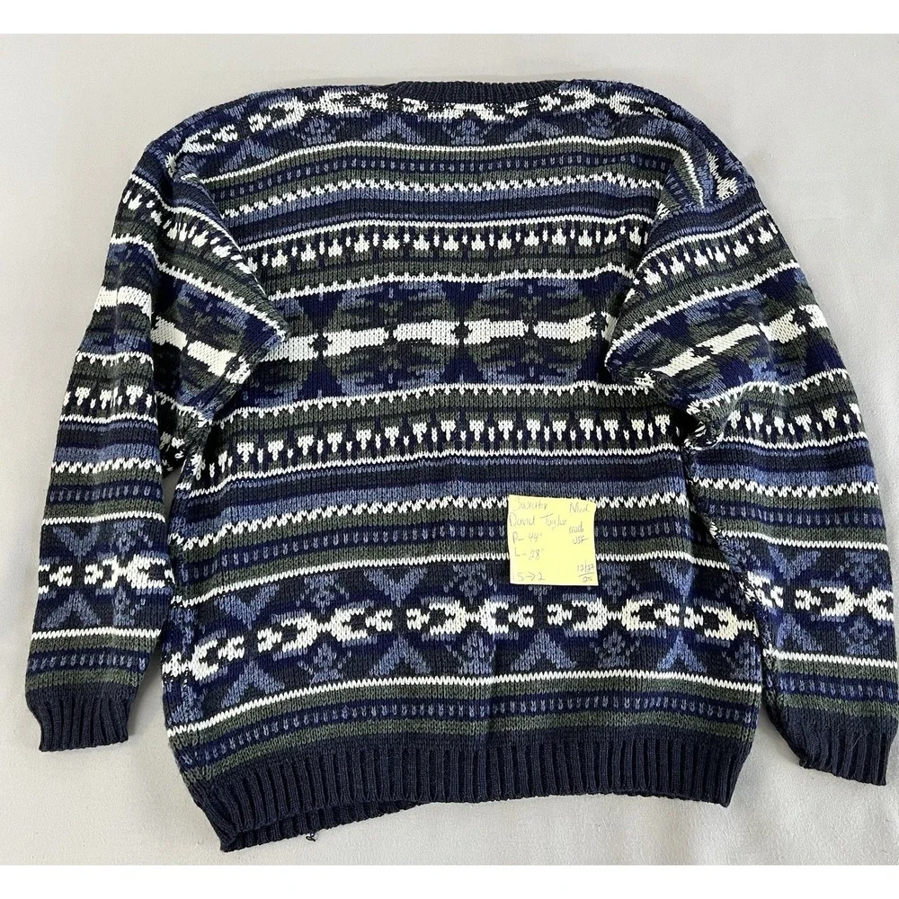 Vtg DAVID TAYLOR Cardigan Sweater Mens M Geometric Knit 90s Grandpa Acrylic‎ Y2K